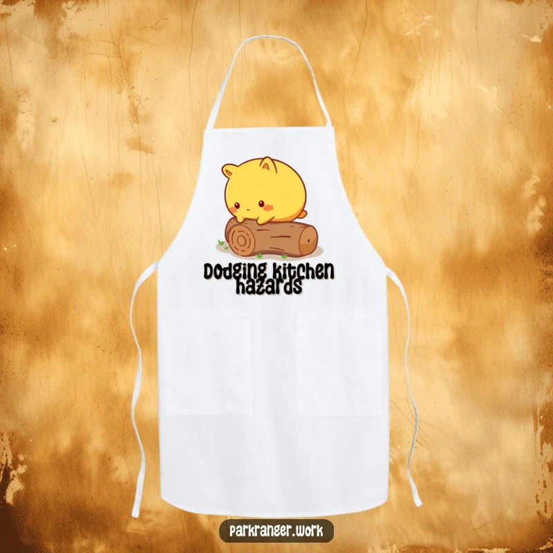 Funny Apron of a round yellow animal cautiously stepping over a fallen, miniature log, ideal for cooking.
