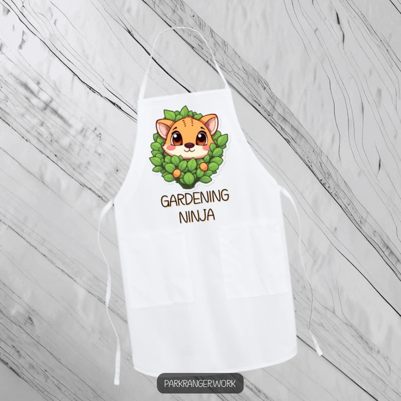 Funny animal with large, expressive eyes peeking from a green plant, illustrated on a functional kitchen apron.