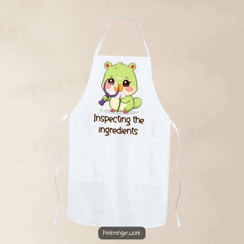 Funny Apron of a small green animal with a magnifying glass examining a cheerful, smiling daisy, ideal for gardening.