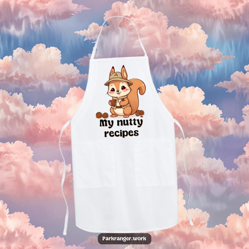 Funny Squirrel Ranger Apron: A happy squirrel in ranger attire collects pinecones, ready for culinary harvests.