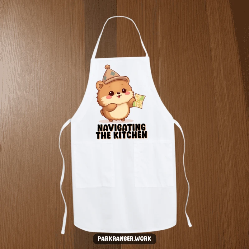 Funny Apron of a fluffy brown animal with a peaked hat, excitedly pointing at a small map, ideal for cooking.