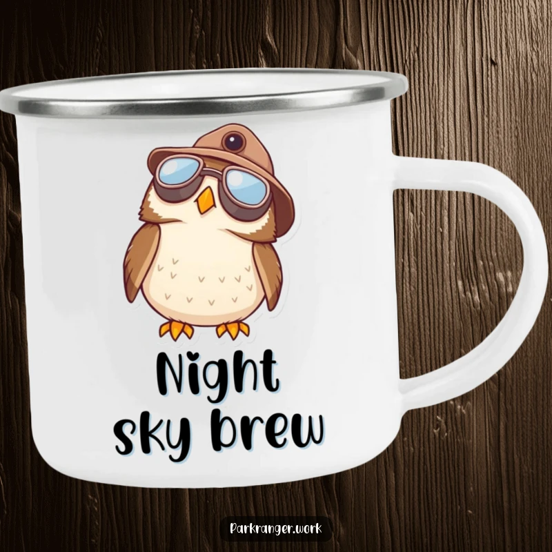 Funny Owl Ranger Camping Mug: A sturdy mug shows a round owl in aviator goggles and a ranger hat gazing at the starry sky.