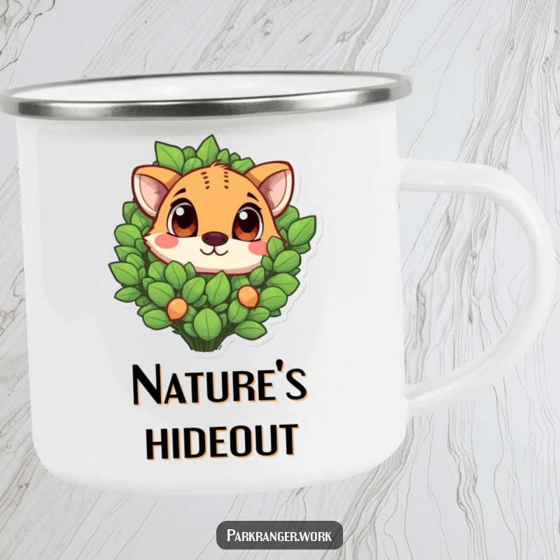 Funny animal with large, expressive eyes peeking from a green plant, on a sturdy camping mug.
