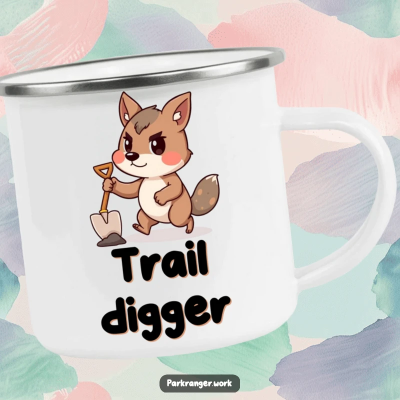 Funny animal with a shovel, in a determined forward lean, on a durable camping mug.