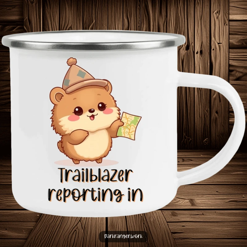 Funny Camping Mug of a fluffy brown animal with a peaked hat, excitedly pointing at a small map, for outdoor use.