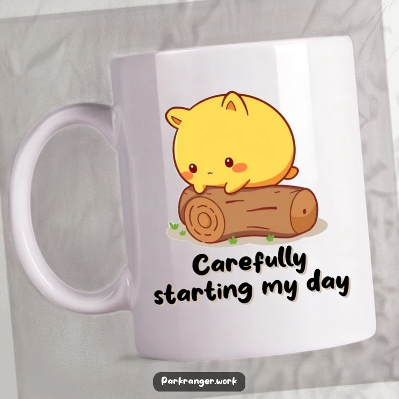Funny Mug featuring a round yellow animal cautiously stepping over a fallen, miniature log, symbolizing care and progress.