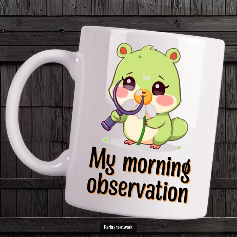 Funny Mug showing a small green animal with a magnifying glass examining a cheerful, smiling daisy, perfect for nature lovers.