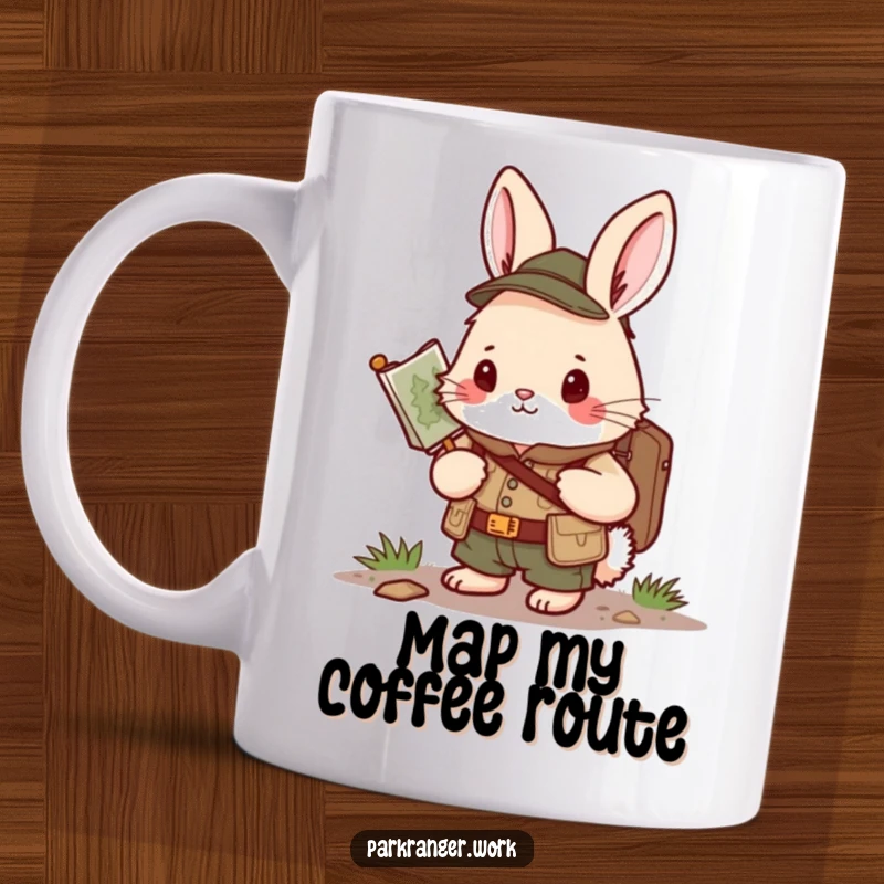 Funny Bunny Ranger Mug: A fluffy bunny in a ranger uniform confidently holds a map, looking forward with determination.