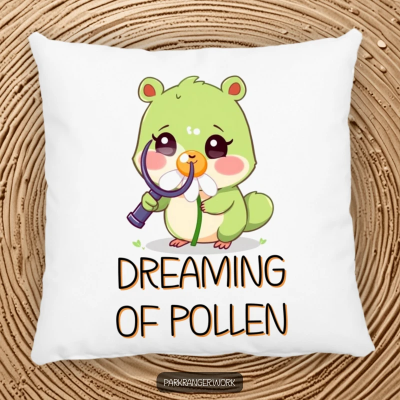 Funny Pillow featuring a small green animal with a magnifying glass examining a cheerful, smiling daisy, for comfortable decor.