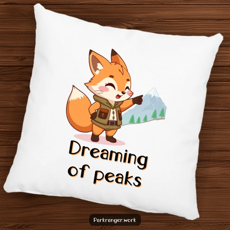 Funny Fox Ranger Pillow: A plush pillow depicts a cute fox sprite in a ranger vest, enthusiastically pointing towards a mountain.