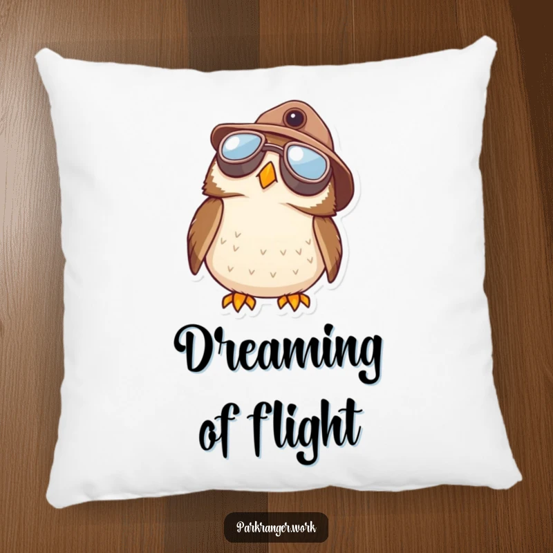 Funny Owl Ranger Pillow: A plush pillow shows a round owl wearing aviator goggles and a ranger hat, looking up with curiosity.