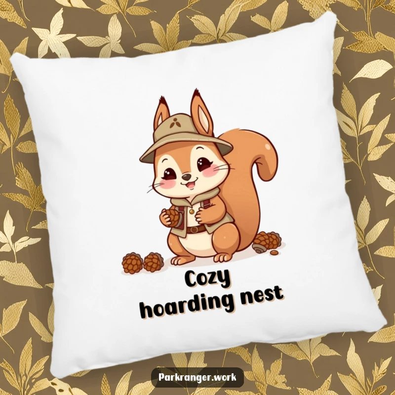 Funny Squirrel Ranger Pillow: A plush pillow shows a happy squirrel in a ranger uniform collecting pinecones with a joyful expression.