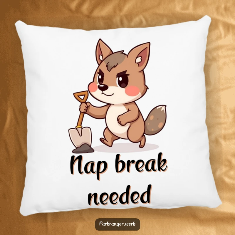 Funny animal holding a tiny shovel, leaning forward with determination, printed on a plush pillow.