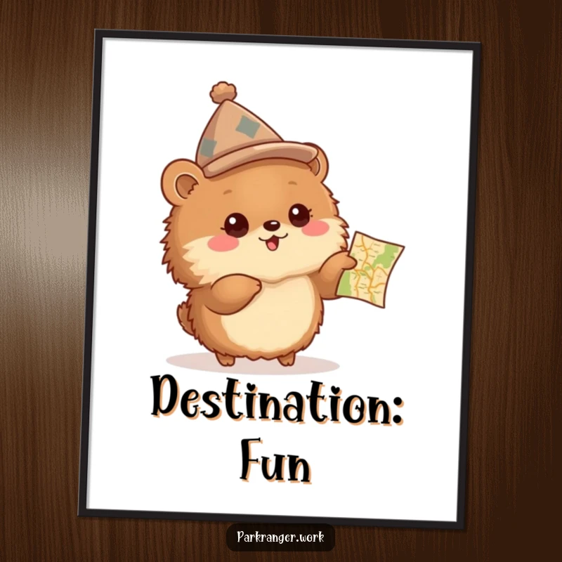 Funny Digital Art Print of a fluffy brown animal in a peaked hat, excitedly pointing at a small map, for instant display.