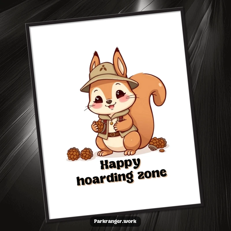 Funny Squirrel Ranger Digital Art Print: A printable image of a playful squirrel in ranger attire happily collecting pinecones.