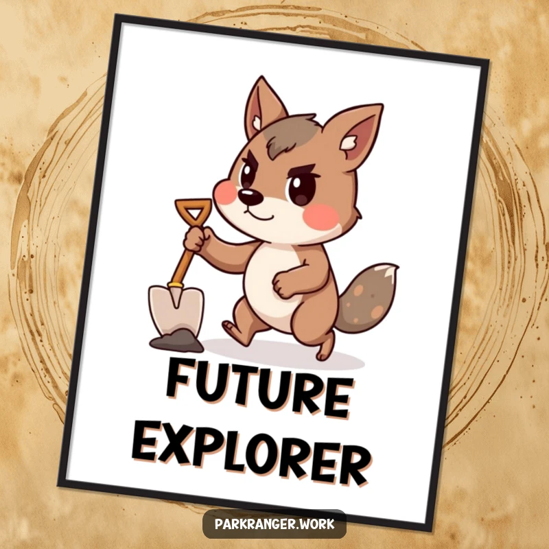 Funny animal with a tiny shovel, in a determined forward lean, as a digital art print.