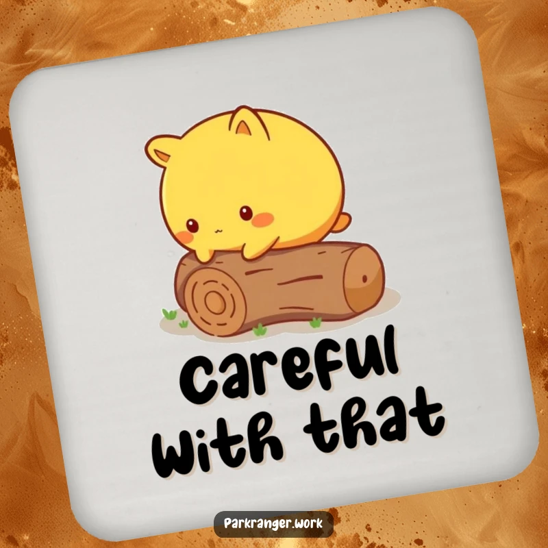 Funny Coaster set featuring a round yellow animal cautiously stepping over a fallen, miniature log, protecting surfaces.
