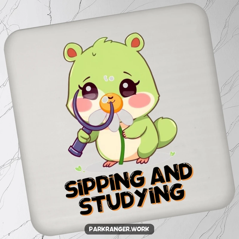 Funny Coaster set featuring a small green animal with a magnifying glass examining a cheerful, smiling daisy, protecting surfaces.