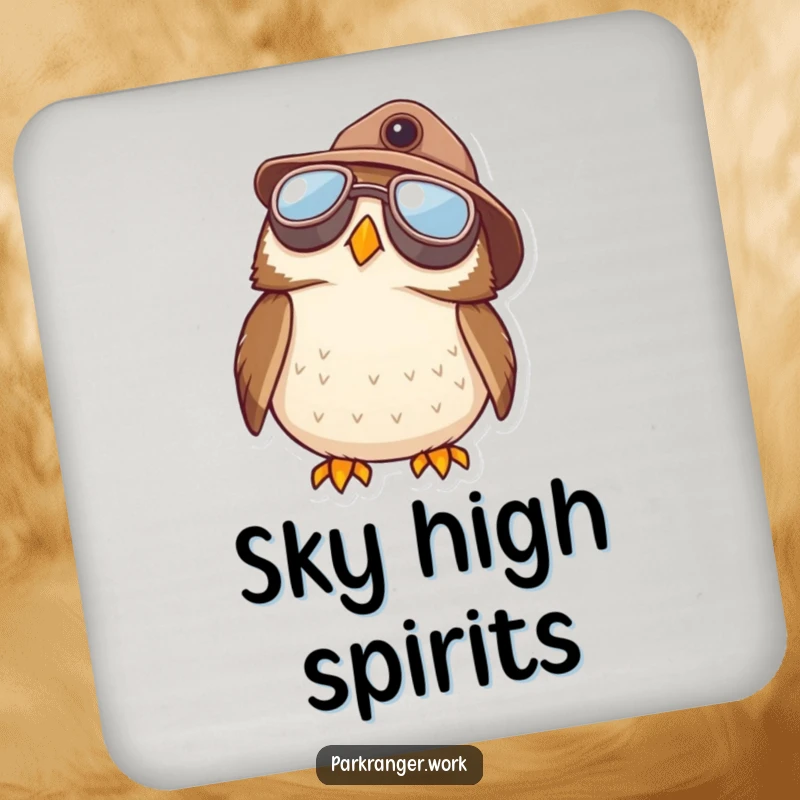 Funny Owl Ranger Coaster: A round owl wearing aviator goggles and a ranger hat looks up on this funny coaster.