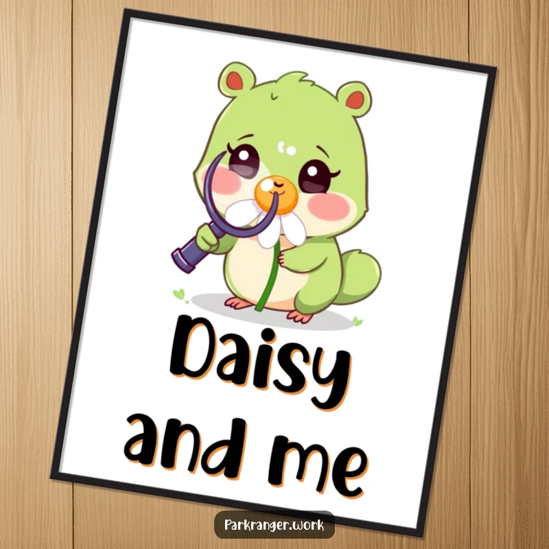 Funny Poster of a small green animal with a magnifying glass examining a cheerful, smiling daisy, bringing nature indoors.