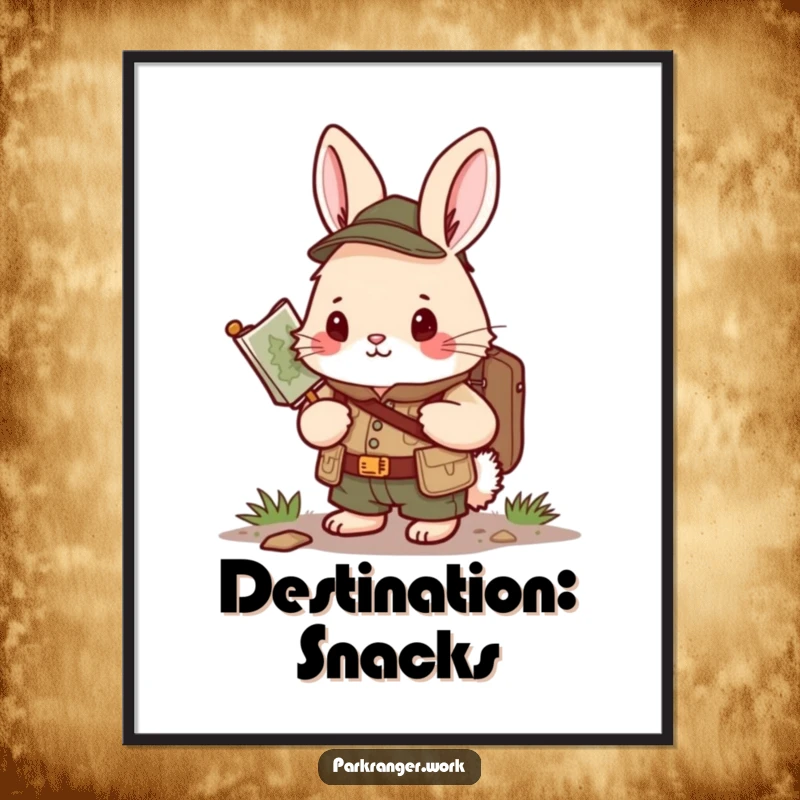 Funny Bunny Ranger Poster: A charming illustration of a bunny in a ranger uniform, holding a map and looking forward.