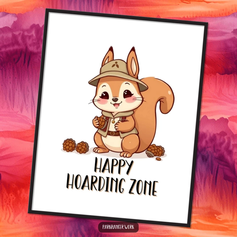 Funny Squirrel Ranger Poster: An artistic depiction of a happy squirrel in a ranger outfit collecting pinecones.