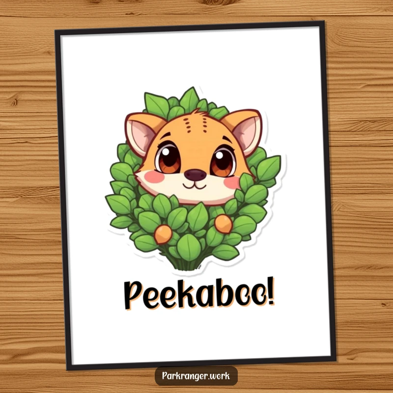 Funny animal with large, expressive eyes peeking out from behind a lush green plant, displayed as a wall art print.