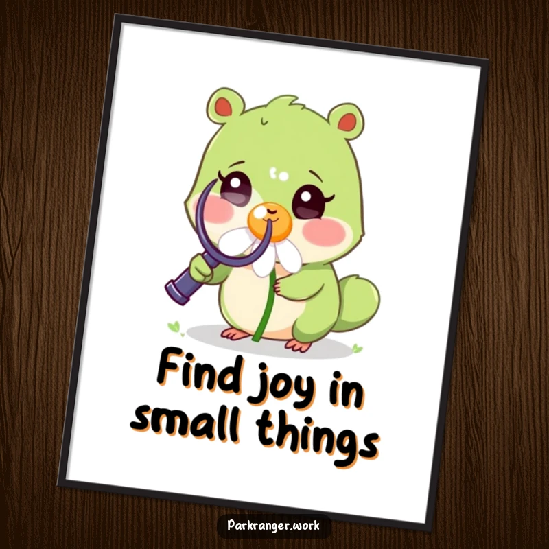 Funny Free Printable Wall Art: Small green animal holds a magnifying glass, examining a cheerful, smiling daisy.