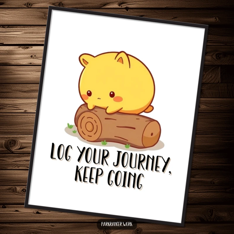 Funny Free Printable Wall Art: A round yellow animal cautiously steps over a fallen miniature log, symbolizing careful progress.