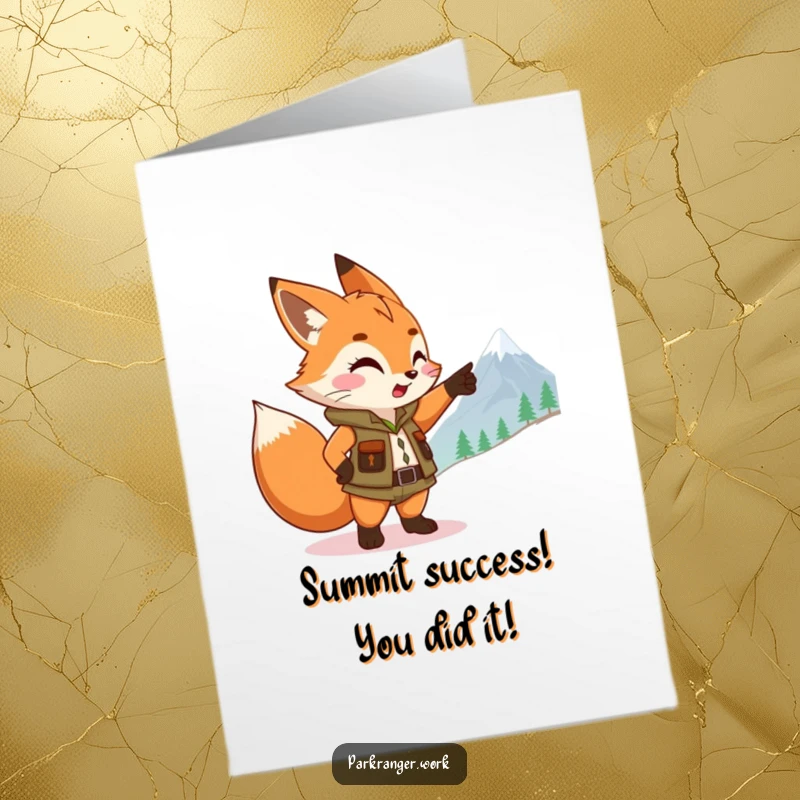 Funny Free Printable Congratulations Card featuring a fox ranger pointing towards a distant mountain peak.