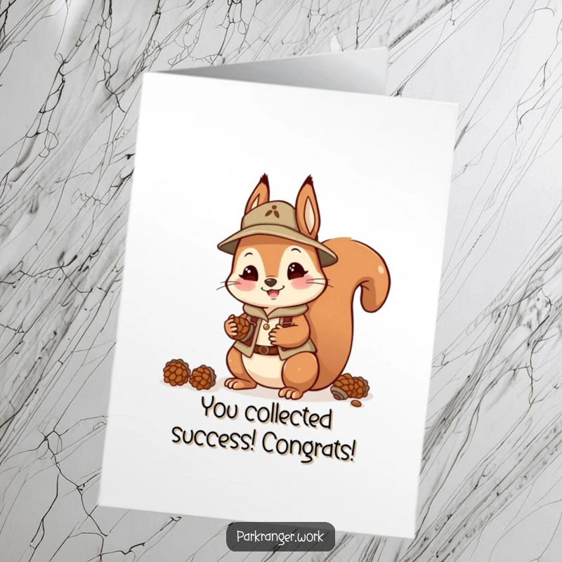 Funny Free Printable Congratulations Card: A playful squirrel in ranger gear happily gathers pinecones.