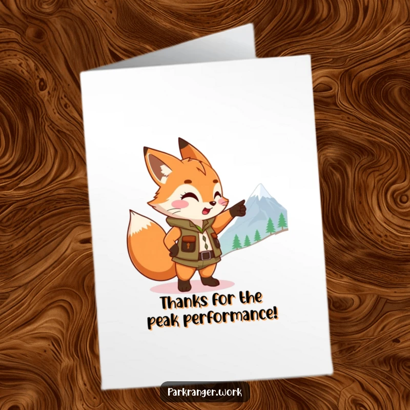 Funny Free Printable Thank You Card: A fox sprite in ranger gear points to a mountain peak.