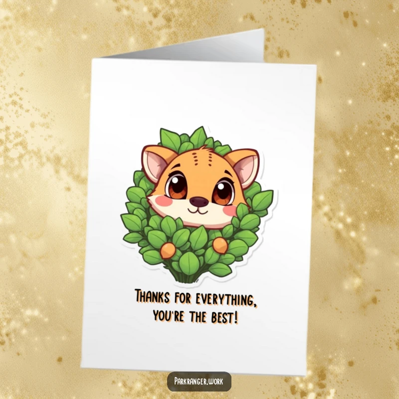 Funny Free Printable Thank You Card: Big-eyed animal peeking from a plant, expressing thanks with humor.