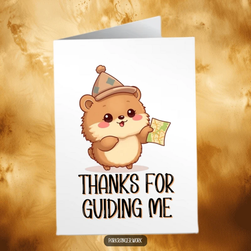 Funny Free Printable Thank You Card: Fluffy animal with map points enthusiastically, showing the way to express thanks.