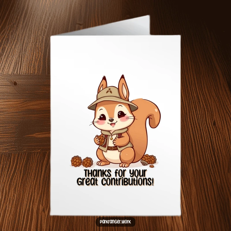 Funny Free Printable Thank You Card: A squirrel in a ranger outfit collects pinecones happily.