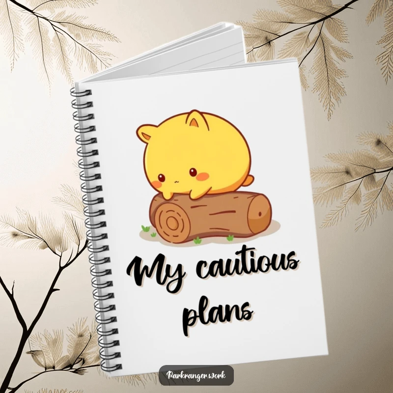 Funny Notebook featuring a round yellow animal cautiously stepping over a fallen, miniature log, perfect for journaling.