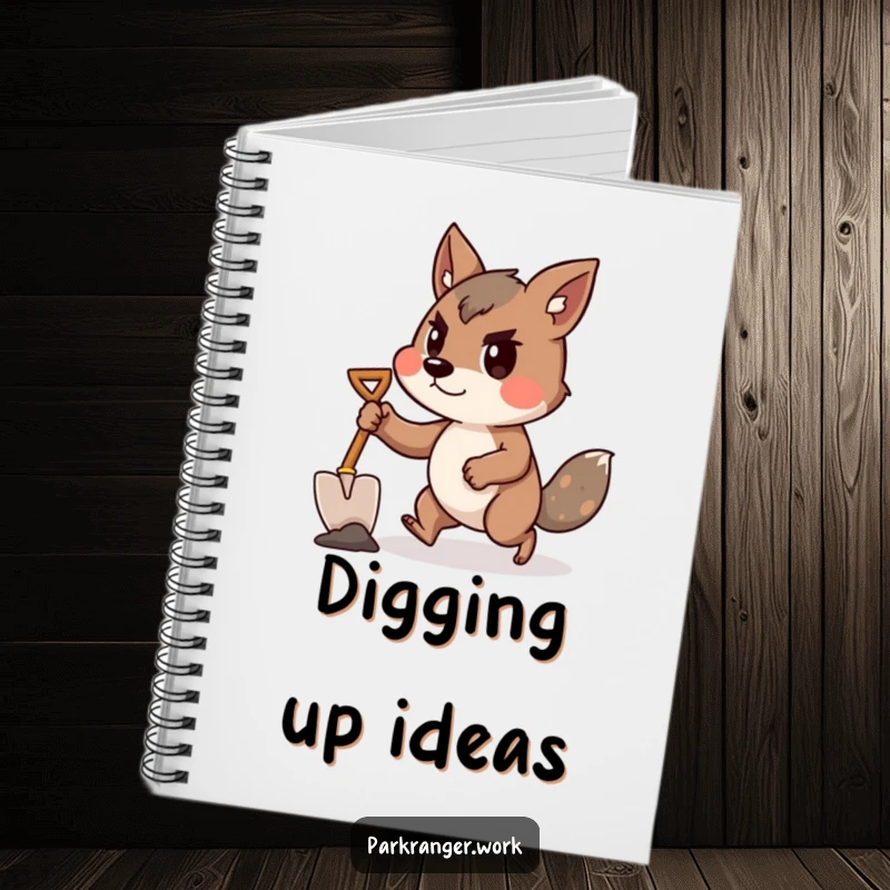 Funny animal with a tiny shovel, in a determined forward lean, on the cover of a notebook.