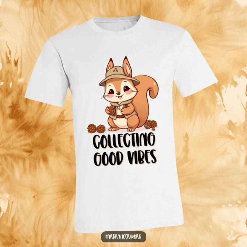 Funny Squirrel Ranger T-Shirt: A cheerful squirrel in ranger attire is busy collecting pinecones with a joyful expression.