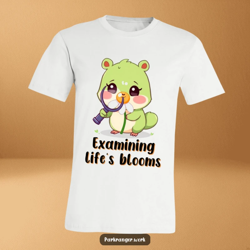Funny T-Shirt of a small green animal holding a magnifying glass to examine a cheerful, smiling daisy, ideal for nature fans.