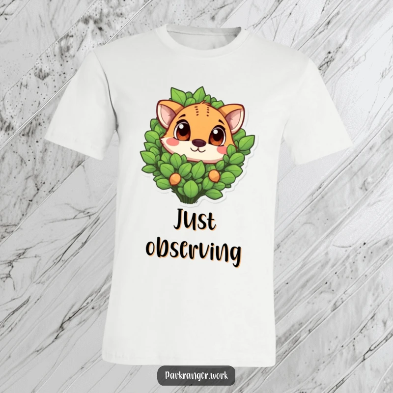 Funny expressive-eyed animal peeking mischievously from a vibrant green plant, featured on a comfortable t-shirt.