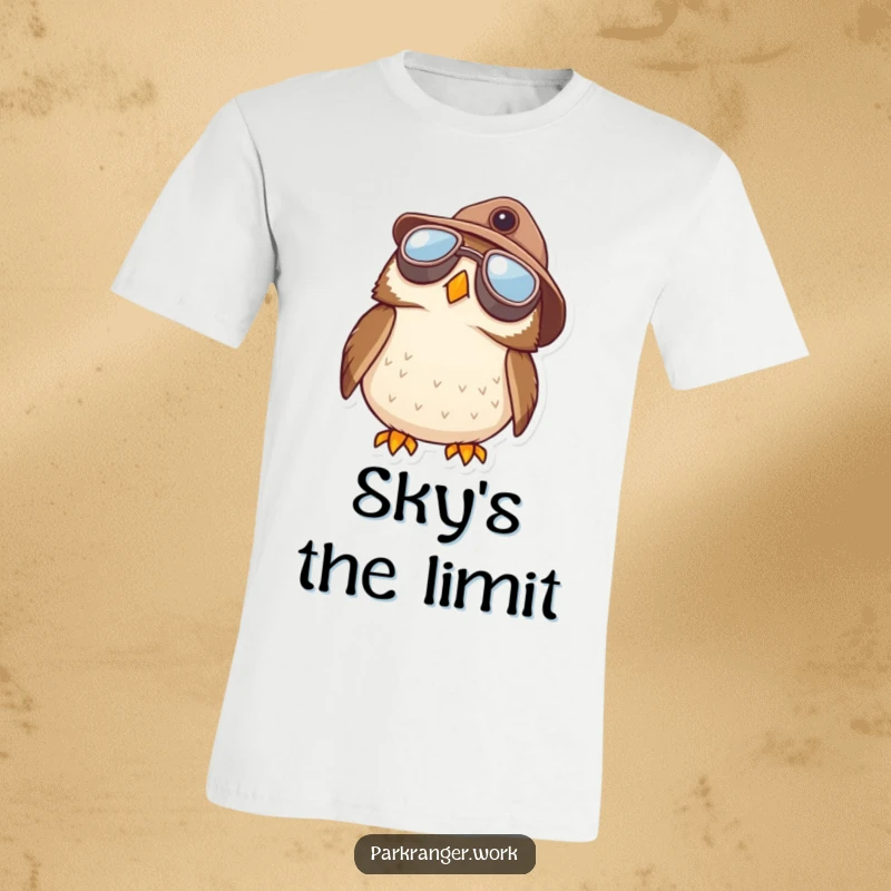 Funny Owl Ranger T-Shirt: A small, round owl in a ranger hat and aviator goggles looks upwards, filled with wonder.