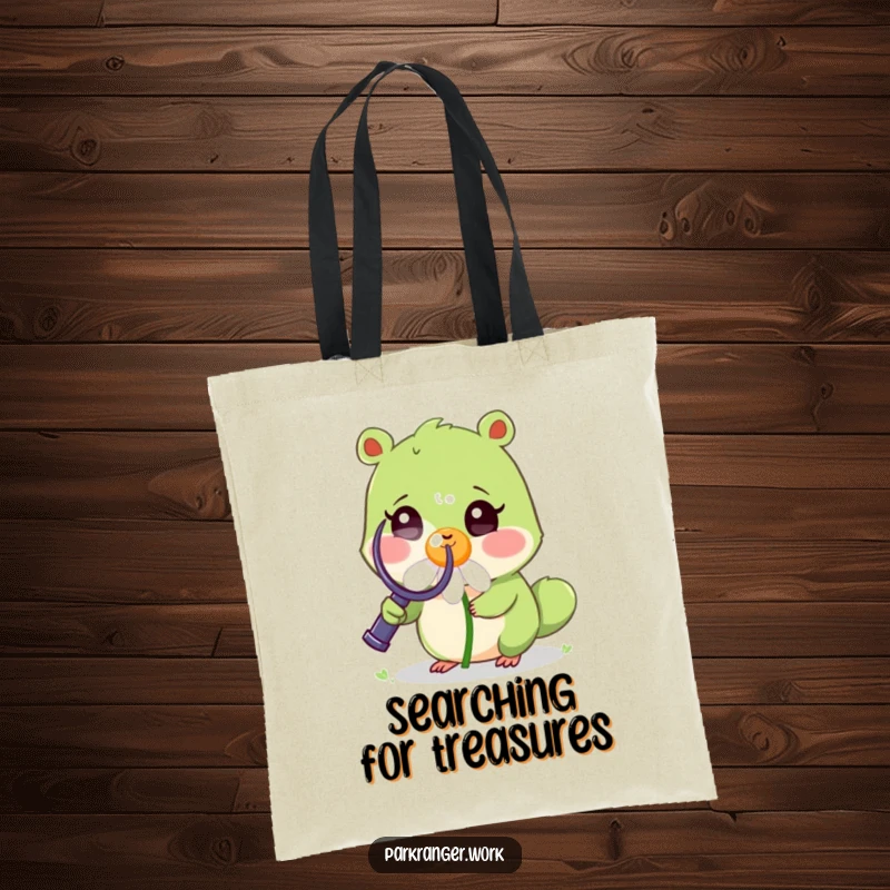 Funny Tote Bag of a small green animal with a magnifying glass examining a cheerful, smiling daisy, ideal for carrying essentials.