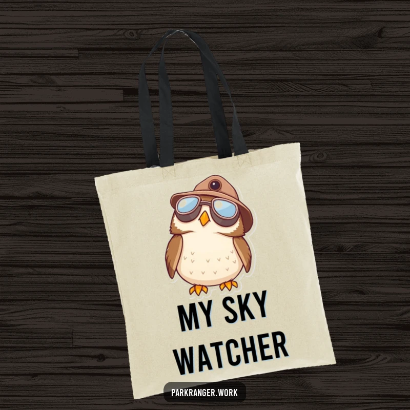 Funny Owl Ranger Tote Bag: A charming owl in aviator goggles and a ranger hat looks up at the sky, dreaming of flight.