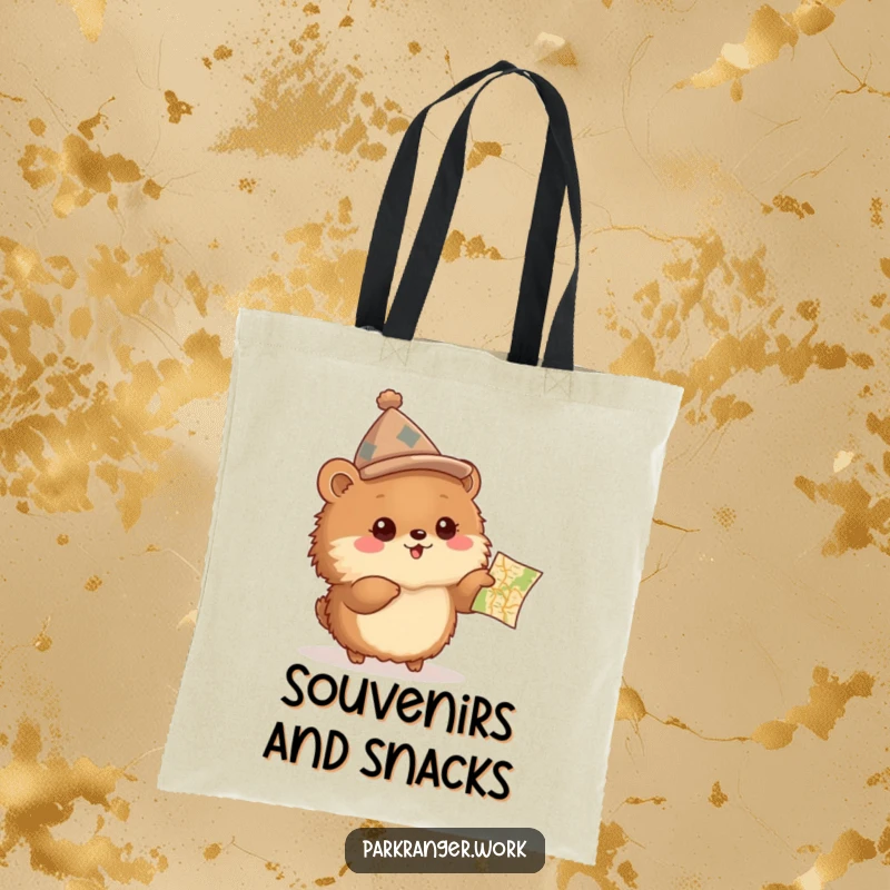 Funny Tote Bag of a fluffy brown animal with a peaked hat, excitedly pointing at a small map, ideal for travel.